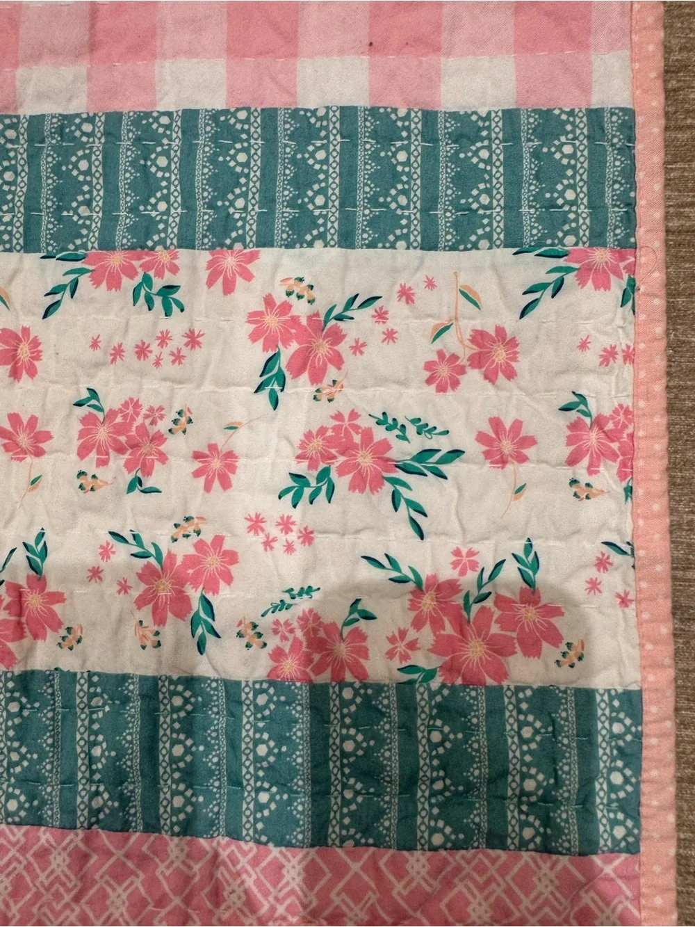 Vintage Handmade Baby Quilt Pink And Teal Floral 27x 35